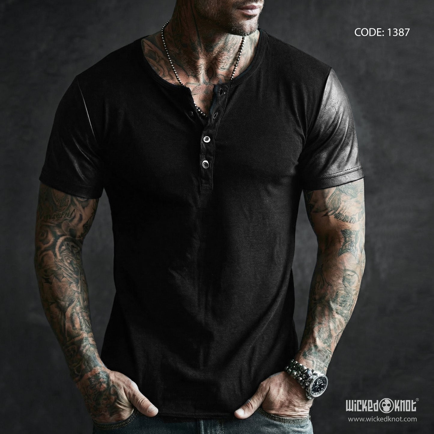 Black Henley leather Half Sleeve WKB1387