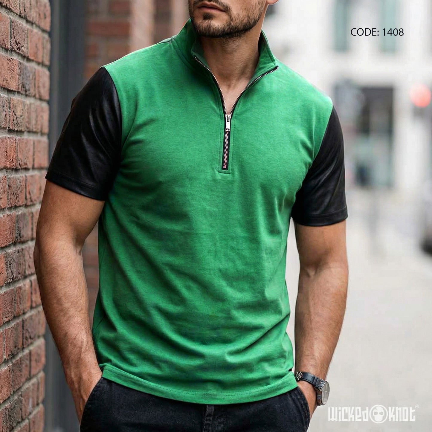 Green sleeves Quarter Zip Tshirt WKB1408
