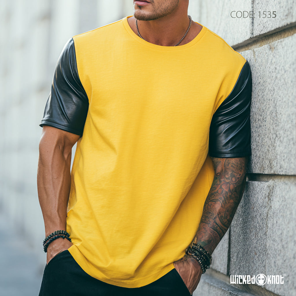 Yellow Leather Sleeve Basic Tee WKB1535