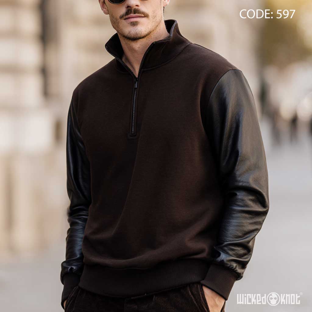 Leather Sleeves Quarter Zipper Brown Sweatshirt - Essentials wks597