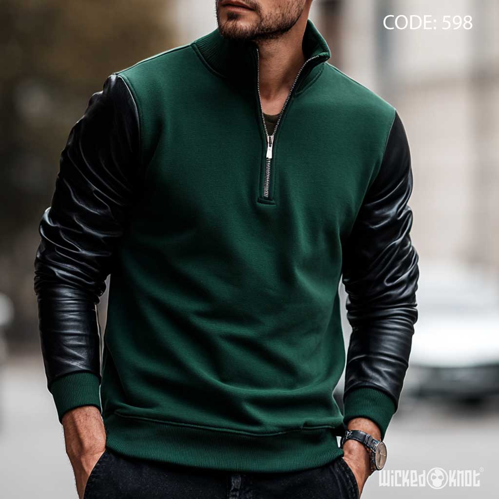 Leather Sleeves Quarter Zipper Emerald Green Sweatshirt - Essentials wks598