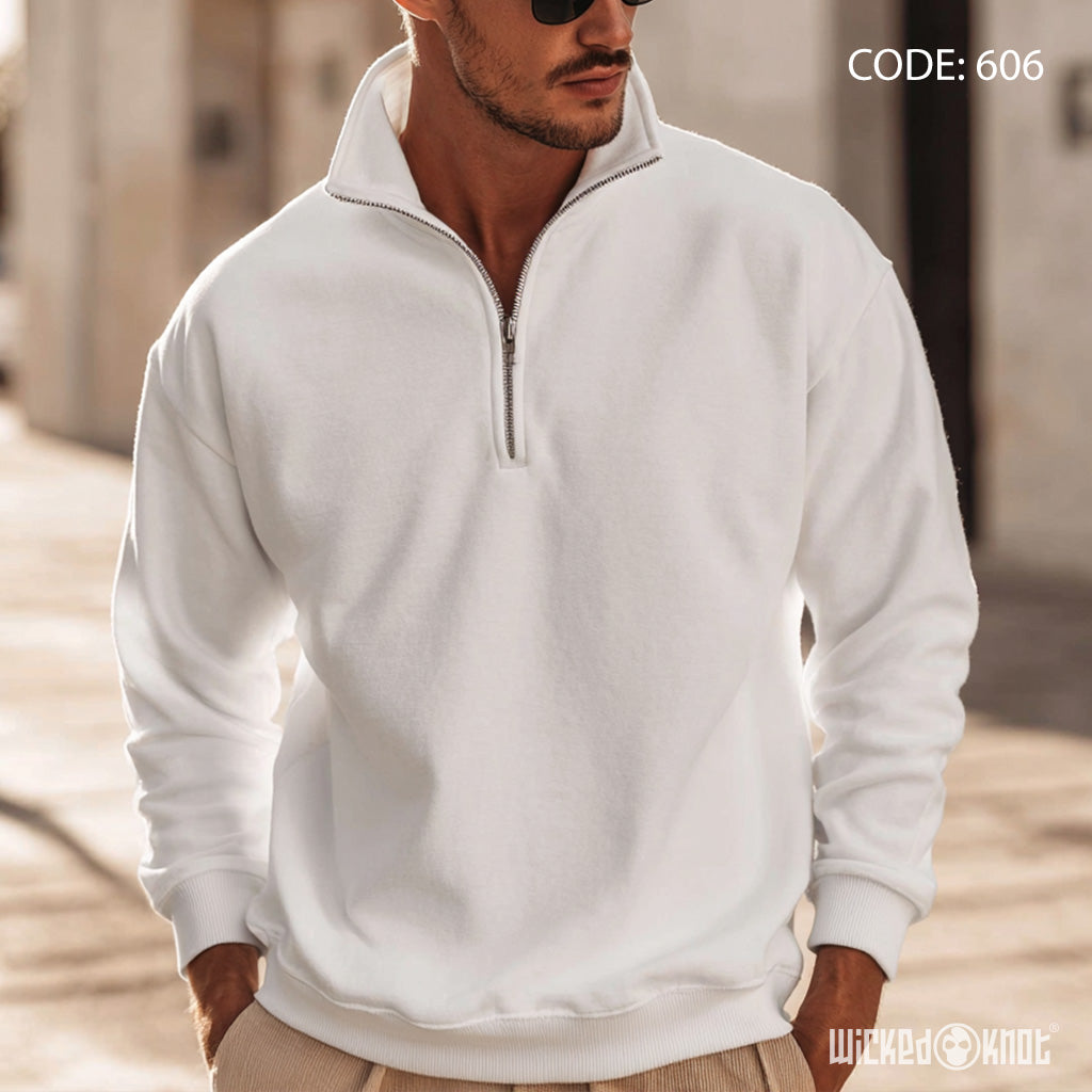 Quarter Zipper White Sweatshirt - Essentials - WKS606