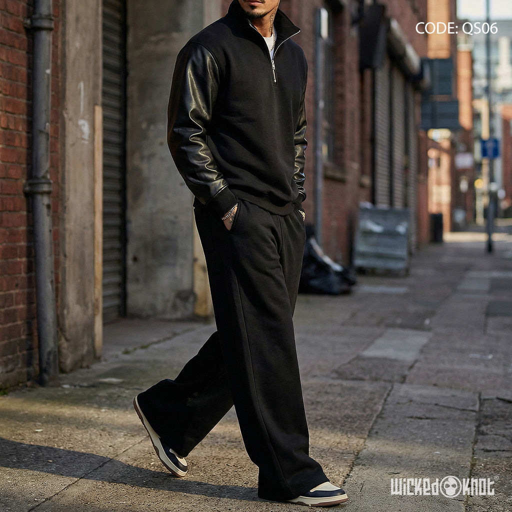 Black Leather Sleeves Quarter and Pants - Full Set - QS06