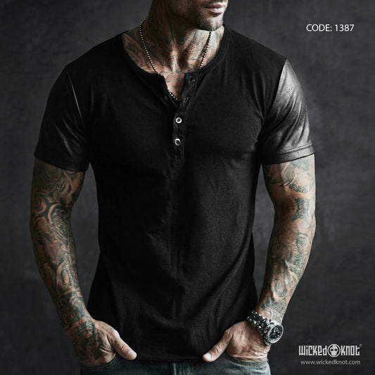 Black Henley leather Half Sleeve WKB1387