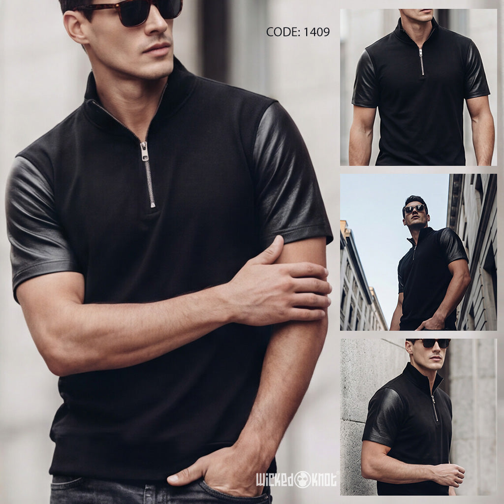 Leather sleeves Quarter Zip Tshirt WKB1409
