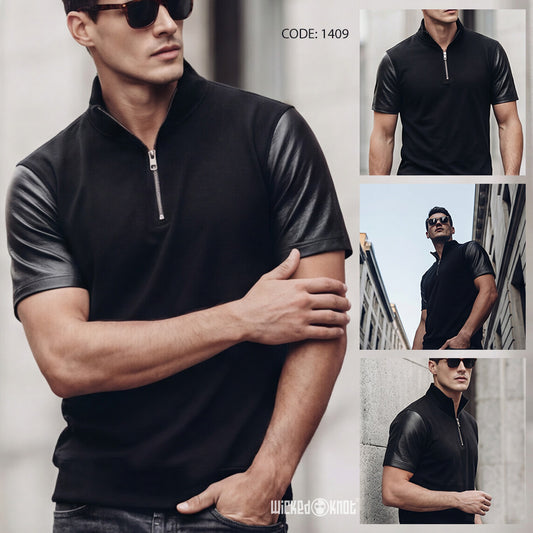 Leather sleeves Quarter Zip Tshirt WKB1409