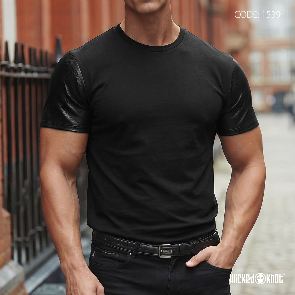 Black Leather Sleeve Basic Tee WKB1539
