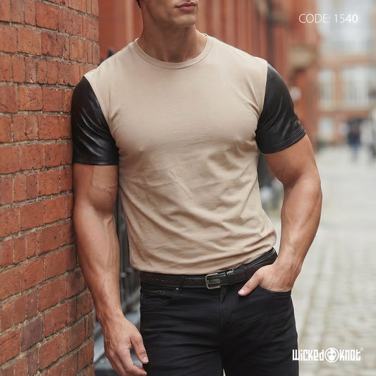 Beige Leather Sleeve Basic Tee WKB1540