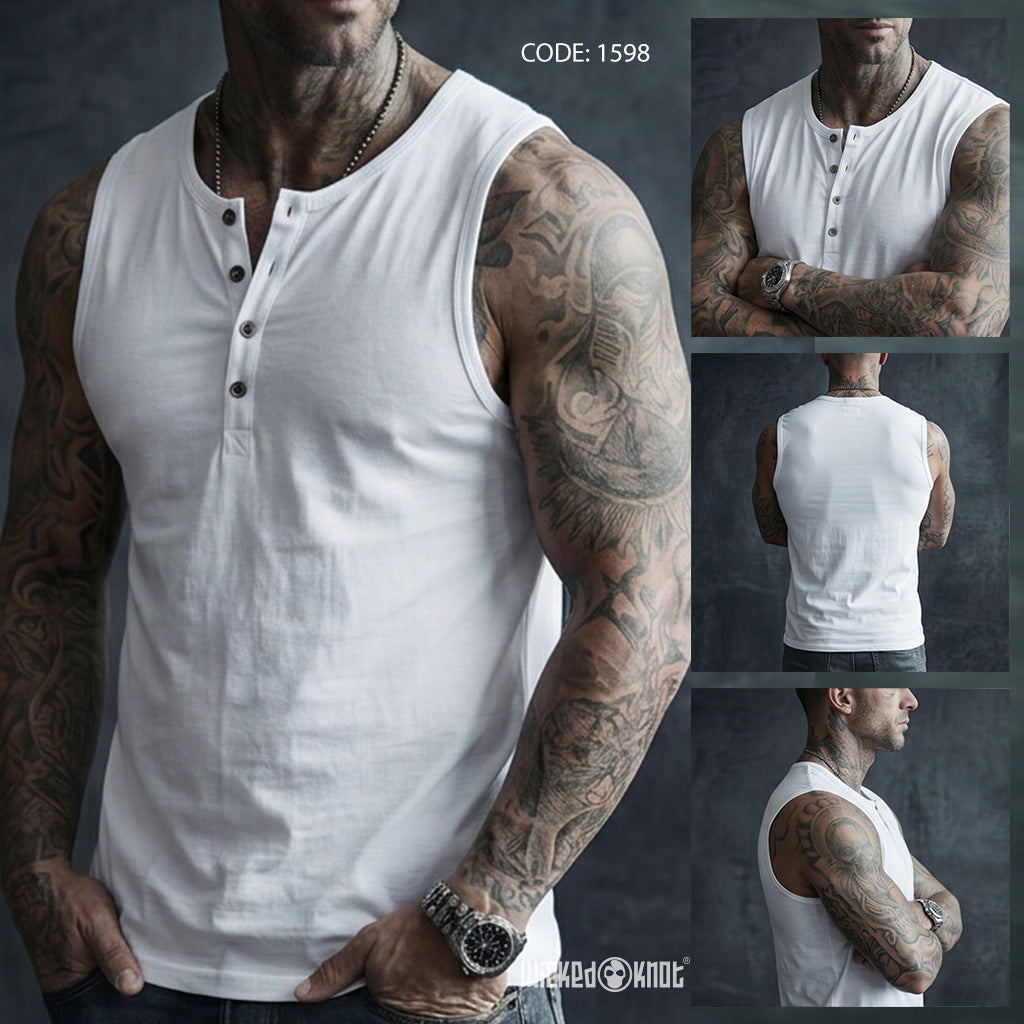 White - Sleeveless Henley WKB1598