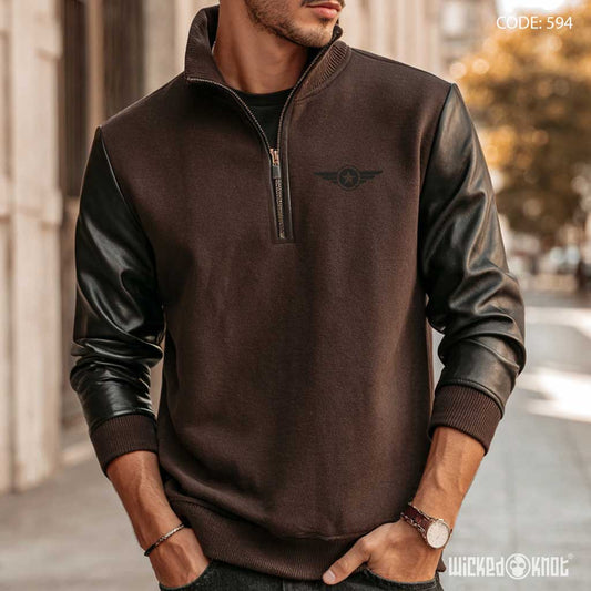Aviator Quarter Zipper Brown Sweatshirt - Essentials wks594