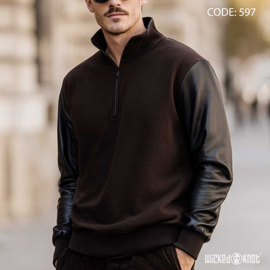 Leather Sleeves Quarter Zipper Brown Sweatshirt - Essentials wks597