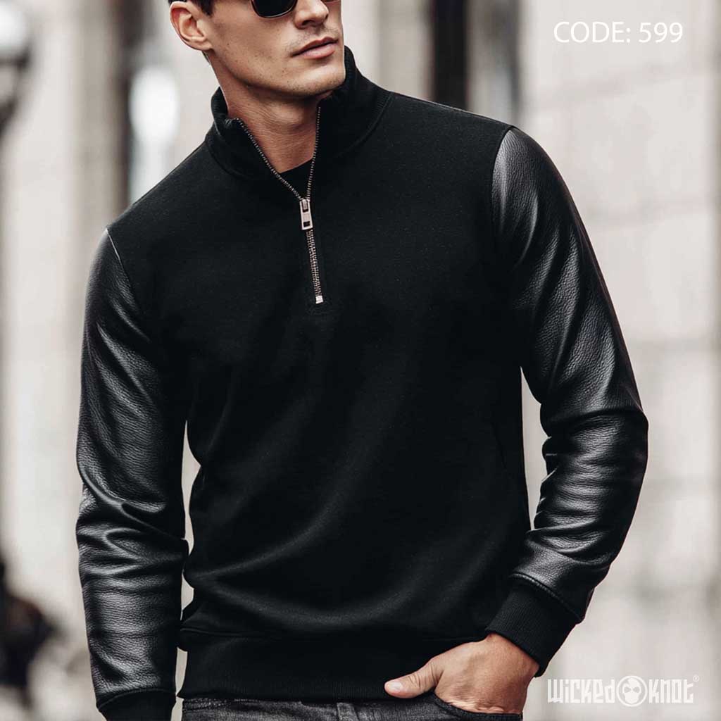 Leather Sleeves Quarter Zipper black Sweatshirt - Essentials wks599