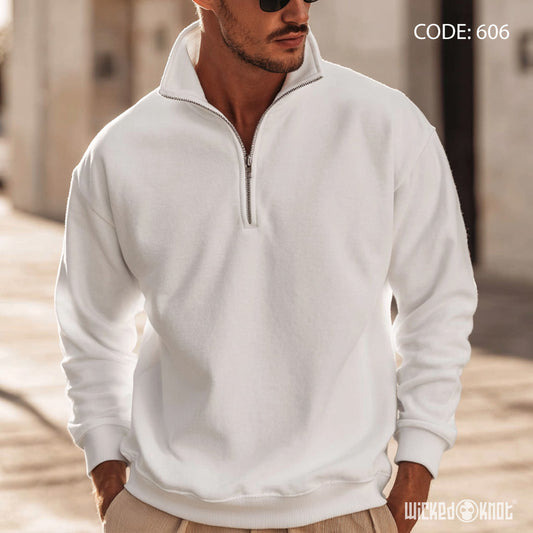 Quarter Zipper White Sweatshirt - Essentials - WKS606