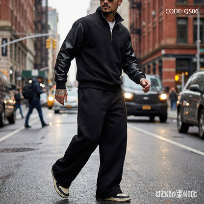 Black Leather Sleeves Quarter and Pants  - Full Set - QS06