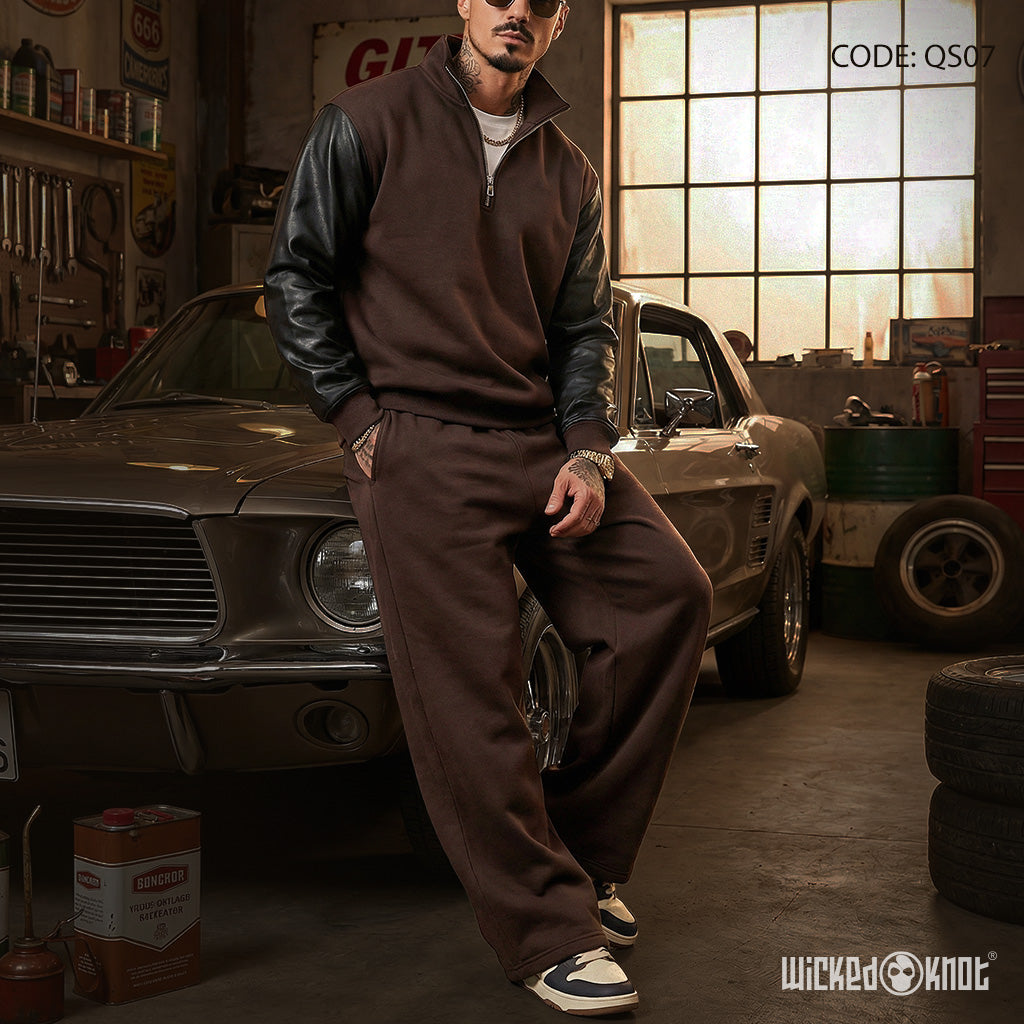 Brown Leather Sleeves Quarter and Pants  - Full Set - QS07