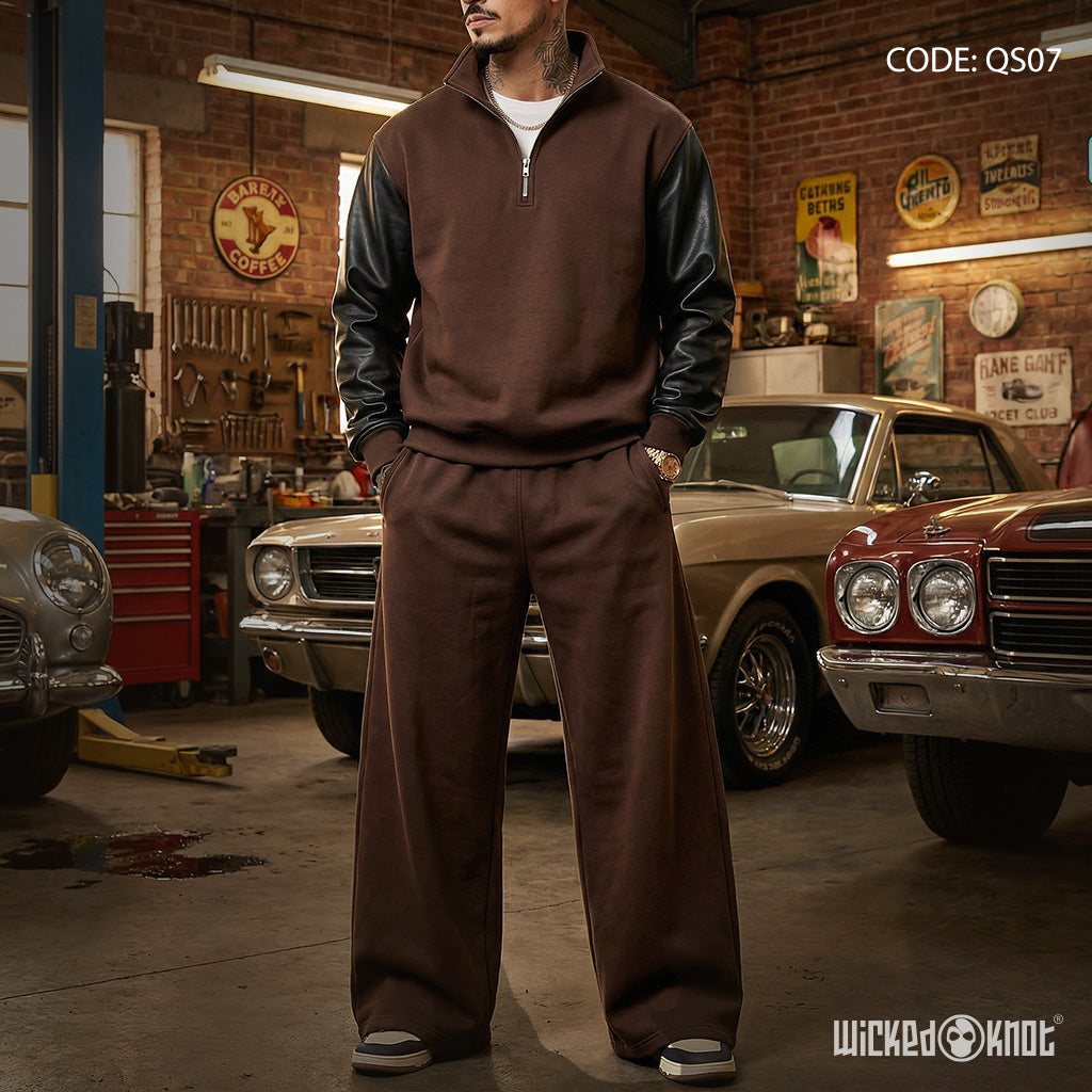 Brown Leather Sleeves Quarter and Pants  - Full Set - QS07