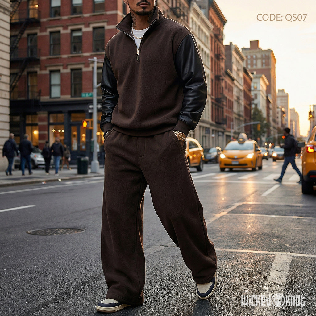 Brown Leather Sleeves Quarter and Pants  - Full Set - QS07