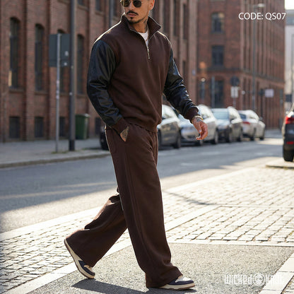 Brown Leather Sleeves Quarter and Pants  - Full Set - QS07