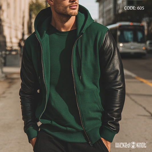 Emerald Leather Sleeves Zipper Hoodie - Essentials wks605
