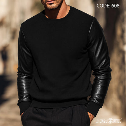 Basic Round Black Sweatshirt with Leather Sleeves - Essentials wks608