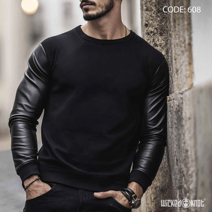 Basic Round Black Sweatshirt with Leather Sleeves - Essentials wks608