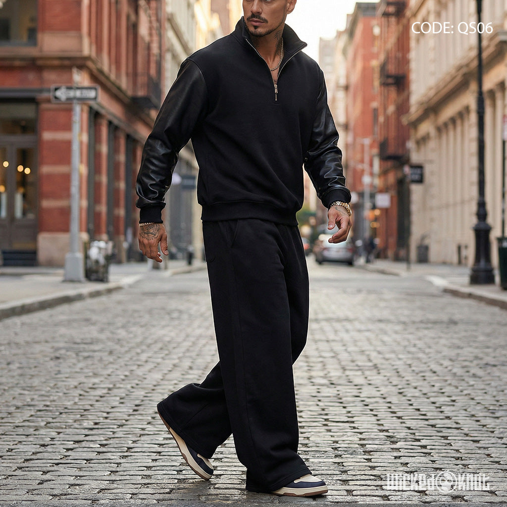 Black Leather Sleeves Quarter and Pants  - Full Set - QS06